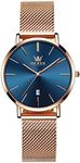 OLEVS Rose Gold Watch for Women Large Face Womens Watches for Small Wrists Blue Dial Stainless Steel Mesh Bracelet Women's Dress Watch with Date Fashion Casual Ladies Watch Waterproof Reloj de Mujer