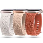 TOYOUTHS 3 Pack Floral Engraved Bands Compatible with Apple Watch Strap 38/40/41/42mmmm Women Cute Embossed Flower Silicone Bracelet iWatch Band Series SE 9 8 7 6 5 4 3 2 1, Brown/Milk Tea/Starlight