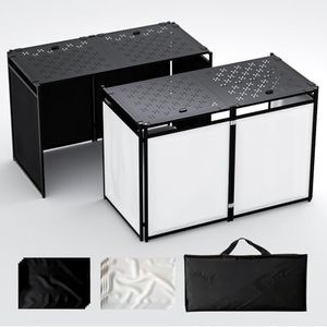 RDCMKL Portable DJ Booth Table Stand with 2-Height Adjustable Top Board, All-Iron Heavy Duty DJ Facade for Events, Includes 8 Scrims, Travel Bag, and 4 Leveling Legs, 54x27x45 Inches