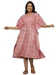 Ravaiyaa - Attitude is everything Indian Handmade Printed Cotton Short Kaftan Women Beach Wear Kimiono Gown Dress (Pink Flower)