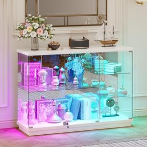 HNEBC 47.2" W Display Cabinet - with Lockable Glass Door,5-Tier Glass Display Case with 12 Lights Modes for Collectibles,Lighted Cuiro Cabinet with Human Sensor,China Cabinet,Living Room,White