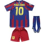 MARETOO Barcelona Vintage 2005 Ronaldinho #10 Kids Limited Edition Home Soccer Jersey & Shorts Socks Gift Set Retro Youth Sizes (Blue, 26)