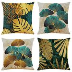 NIULAA Cushion Covers 40cm x 40cm Set of 4 Teal and Gold Leaves Cushion Cover 16x16 Living Room Linen Sofa Cushions Luxury Pillow Cases for Outdoor Garden