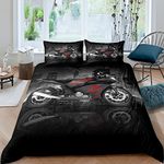 Men Motorcycle Pattern Bedding Set Cool Black Red Motorbike Comforter Cover for Kids Boys Teens Extreme Sports Theme Duvet Cover Modern City Building Bedspread Motocross Style Decor Super King