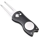 Metal Foldable Golf Divot Repair Tool with Pop-up Button & Magnetic Ball Marker