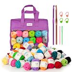 MIRA HANDCRAFTS 40 Yarn Crochet Kit for Beginners Adults, 4 Crochet Stitch Markers, 2 Crochet Hooks, 2 Knitting Needles, 7 Amigurumi Crochet Ebooks – Beginner Knitting Kit with Crochet Accessories