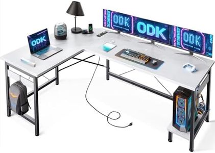 ODK Mesa Gaming con Enchufes y Puertos USB, Escritorio Gaming con Soporte para CPU, Escritorio Esquinero en Forma de L para Oficina en Casa, Blanco, 150×120 cm