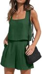 ZESICA Women's 2024 2 Piece Set Linen Tank Crop Tops and Shorts Summer Two Piece Outfits Pajamas,Darkgreen,X-Large