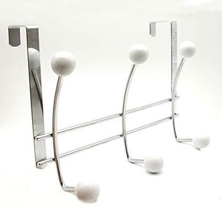 Over The Door Hook Rack Chrome Finish with 6 White Ball Ends - Double Metal Hanger Fits Standard Doors for Hats Coats Towels Bags Scarves - Entry Closet or Bathroom Use
