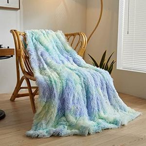 XeGe Plush Faux Fur Rainbow Throw Blanket, Tie Dye 50x60 Shaggy Furry Blanket Throw, Fluffy Microfiber Velvet Couch Blanket, Soft Colorful Fuzzy Lap Blanket for Girls Teens Women Kid Rainbow Blue