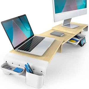 Fenge Soporte Monitor de Longitud y Ángulos Ajustables para 2 Monitores Elevador Monitor de Madera con Cajón, Cajas de Almacenamiento Móviles 74-107x 23,5X 8,9cm Blanco G04B1101C