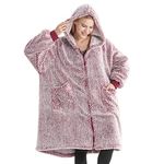 Bedsure Zip Up Oversized Blanket Hoodie - Sherpa Fleece Wearable Blanket with Zipper for Women & Men, Soft Warm Fluffy Hooded Blanket with Pocket, Gift for Women, Gift for Her, Red, 100x78 cm