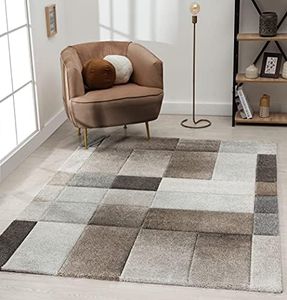 the carpet Monde Tapis de Salon Moderne à Poils Courts et Doux Effet Profond Découpe de Contour Attire Les Regards Motif à Carreaux Gris/Marron 120 x 170 cm