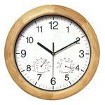 Reynoe Wooden Wall Clock with Temperature and Humidity, 12 Inch Brown, Large Numbers for Room Decor