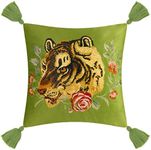 JWH Tiger Velvet Throw Pillow Cover Decorative Colorful Flower Emboidered Accent Pillow Case Print Cushion Soft Pillowcase Bed Living Room Couch Bedroom Decor Tassel 18x18 Inches Green