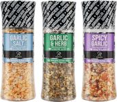 Soeos Spice Seasoning Set of 3 with Integrated Grinders, Spicy Garlic, Garlic & Herbs, Garlic Salt, Seasoning Gift Set.