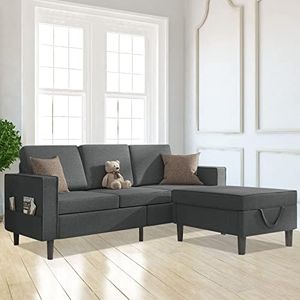 Ufurniture 3 Seater Fabric Sofa, Couch Seat Modern L-Shaped Sofa with Storage Ottoman, Thick Cushion Backrest Grey Sofa for Living Room, Bedroom, Lounge, Easy to Assemble (197 * 130 * 80 cm)