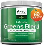 Super Greens Powder 300g - 17 Superfoods Powder - 60 Servings - Vitamin & Mineral Rich Formula - No Artificial Ingredients - Vegan - Best Value - Made in The UK - Nu U Nutrition