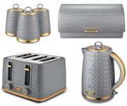 TOWER Empire Grey Kitchen Set Including Jug Kettle, 4 Slice Toaster, Bread Bin & Set of 3 Tea, Coffee & Sugar Canisters. Matching Art Deco Design Kitchen Set of 6 Items in Grey with Brass Accents