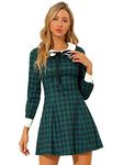 Allegra K Women's Contrast Peter Pan Collar Long Sleeve A-Line Plaid Dress Green 4