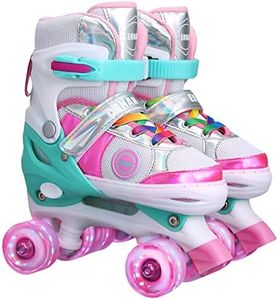 Kids Roller Skates for Girls Todders Kids Beginner, 4 Size Adjustable Roller Skates with Light Up Wheels for Indoor Outdoor Skating (Colorful Pink, Medium(2-5))