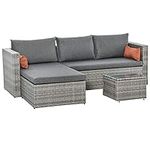 Outsunny 3-Piece Modern Outdoor Patio All-Hand Woven Rattan Wicker Furniture Patio Coffee Table Sofa Set - Grey