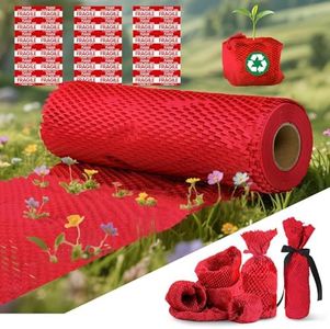 Honeycomb Packing Paper, 12"x400' Red | Perforated Honeycomb Packing Paper Recyclable Moving Supplies for Shipping & Moving | Plastic-Free Alternative to Bubble Cushion Wrap with 36 Fragile Stickers