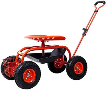 Rolling Garden Cart with with Seat and Tool Tray 4 Wheels Adjustable Height 360-degree Swivel Garden Wagon Scooter Gardening Workseats for Patio Lawn Yard Outdoor Steerable Stool red