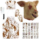 Mepase Halloween Bloody Butcher Costumes Scary Set with Pig Head Mask Gloves Cooking Chef Apron Hat Knife Tattoo Stickers Cook Costume for Adult Men Halloween Cosplay