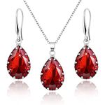 Linawe Garnet Imitation Diamond Pendant Necklace Set, Boho Ruby Crystal Wedding Jewellery Sets for Women, Silver Drop Dangle Red Earring Set, Teardrop Rhinestone Birthstone Matching Jewellery