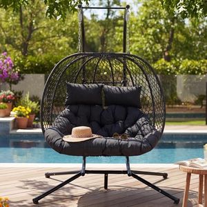 DAYAOUTDOOR Double Egg Chair with Stand for 2 Persons, Oversized Patio Hanging Basket Chair, Honeycomb Wicker Swing Chair with Thick Cushions & Headrests, 800LBS Heavy Duty Indoor Outdoor, Black