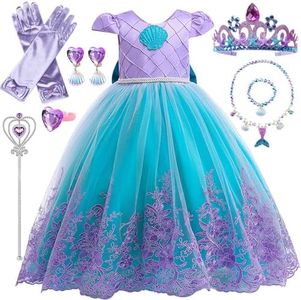 YYDSXK Robe Princesse Fille, Sirène Costume Déguisement Enfant avec Ensemble de Collier de Couronne, Ariel Robe Princesse Bébé pour Costume Halloween Anniversaire Fêté Carnaval Cosplay (130cm)