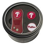 Team Golf MLB Philadelphia Phillies Gift Set Switchfix Divot Tool with 3 Double-Sided Magnetic Ball Markers, Patented Single Prong Design, Causes Less Damage to Greens, Switchblade Mechanism