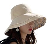 Lziizl Reversible Bucket Hat Women UV Sun Protection Wide Brim Fisherman Hat Summer Beach Travel Cap Beige