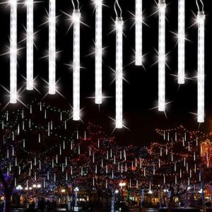 BrizLabs Falling Rain Lights Outdoor, 30cm 10 Tubes 240 LED Meteor Shower Lights Waterproof Icicle Raindrop Christmas Lights Decoration for Home Roof Xmas Garden Tree Wedding Party Holiday, White