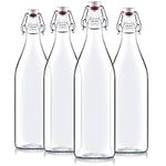 Bormioli Rocco Giara Clear Glass Bottle with Stopper [Set of 4] Swing Top Bottles Great for Beverages, Oil, Vinegar | 33 3/4 oz