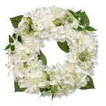 16'' Artificial Hydrangea Wreath White Fake Flower Wreath, Faux Hydrangeas for Front Door, Floral Wreath for Mantel, Kitchen, Farmhouse, Wall Decor