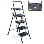 4 Step Ladder, HBTower Folding Step Stool with Tool Platform, Wide Anti-Slip Pedal, Sturdy Steel Ladder, Convenient Handgrip, Lightweight 330lbs Portable Steel Step Stool, Green and Black