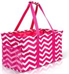 Lucazzi Extra Large Utility Tote Bag, Oversized Collapsible Reusable Wire Frame Rectangular Canvas Basket With Two Exterior Pockets For Beach, Pool, Laundry, Car Trunk, Storage - Chevron Pink