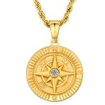 KRKC&CO Men’s Pendant Necklace, Compass 18K Gold Plated Stainless Steel Chain with Pendant, Medallion Medal Coin Pendant Necklace for Men and Boys