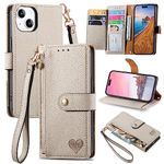 VEEMOS Zipper Wallet Case for Apple iPhone 14 Phone Case with Purse Card Holders RFID Blocking Leather Flip Case Book Cover Wrist Strap Women - Gray