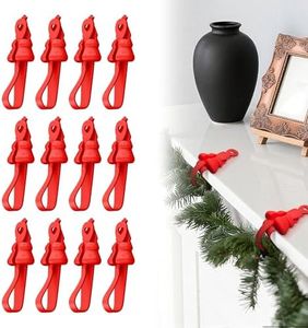 Nearockle 12 Pack Christmas Garland Hanger for Mantle, Silicone Stocking Holder Garland Hooks Reusable Christmas Wreath Ties, Door Fireplace Staircases Party Decoration (Red)