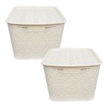 Cutting EDGE Plastic Storage Baskets Lidded Shelf Turkish Rack, Large Set of 2 with Lid for Storage Baskets for Fruit Vegetable Bathroom Stationary Home Basket with Handle (Cream, Large)