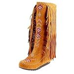 BORAMAX Women's Fringe Western Boots, Suede Embroidered Closure Fringe Mid Calf Knee High Flat Boots Long Snow Tassel Boots, Yellow, 9