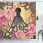 Ambesonne Kraken Octopus Roses Leaves Tentacles Octopi Vintage Antiqued Look Home Fashion Bathroom Textiles Decor Print Polyester Fabric Shower Curtain, Pink Fuchsia Green Gray Brown