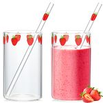 Tessco 2 Sets Strawberry Cups Nana Strawberry Glass Cup with Straw Lovely Glass Tumbler Strawberry Cup Clear Tumbler Strawberry Pattern Glasses Bottle for Juice Water Milk Coffee Tea(Lovely)