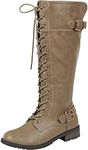 Forever Link Women's Strappy Lace-Up Knee High Combat Stacked Heel Boot,Taupe (8)