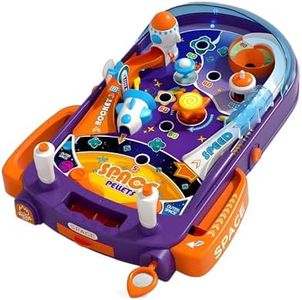 OLEOCA Tabletop Pinball Machine - Space Mini Arcade Game with Sound & Light, Pull-Back Launcher, Flippers, Carry Handle, Suction Cup Feet, Games for Kids Ages 3+