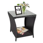 Outdoor End Table Wicker Rattan Square Side Table Patio Courtyard Coffee Bistro Glass Table with Storage, Black