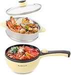 Audecook Electric Skillet with Steamer, 1.5L Electric Hot Pot Mini, Non-Stick Frying Pan 20cm, Portable Multi-Cooker for Dorm/Travel/Home, Spatula Included - Yellow